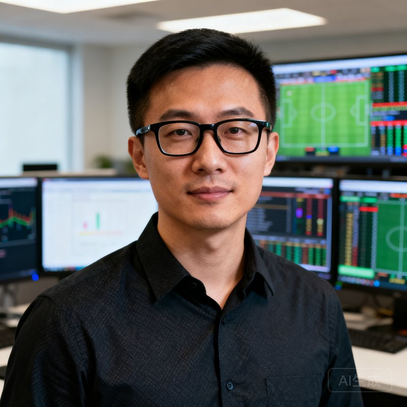 MK体育创始人兼首席分析师陈亦凡的半身肖像照，他戴着黑框眼镜，身穿深色衬衫，背景是布满战术分析屏幕的办公室